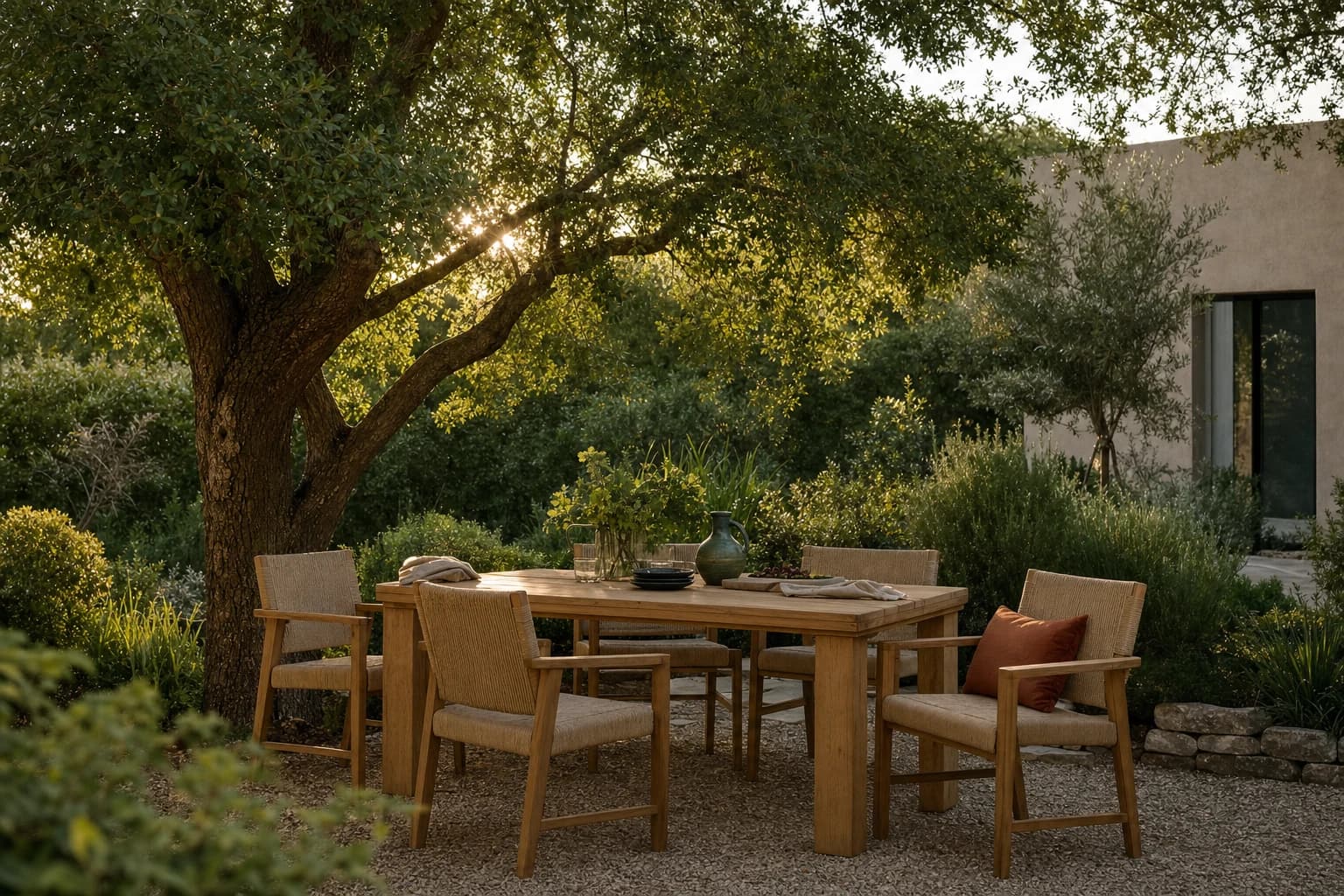 A relaxed outdoor dining table set beneath a mature tree in warm evening light